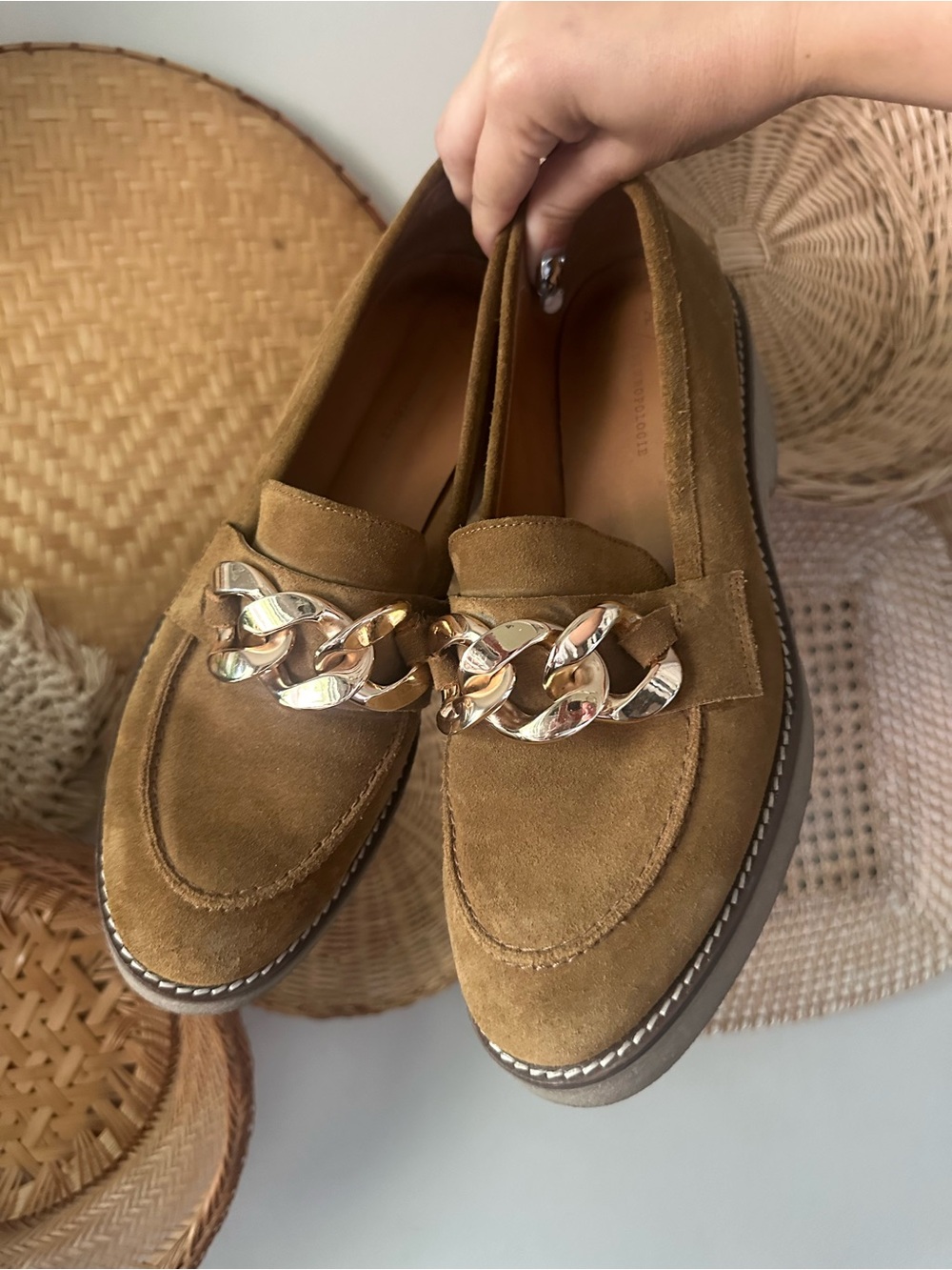 Anthropologie Suede Loafers with Gold Chain Trim in Tan